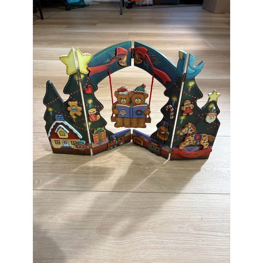 Vintage Wooden Christmas Village Scene Folding  screen  Train Tabletop Decor